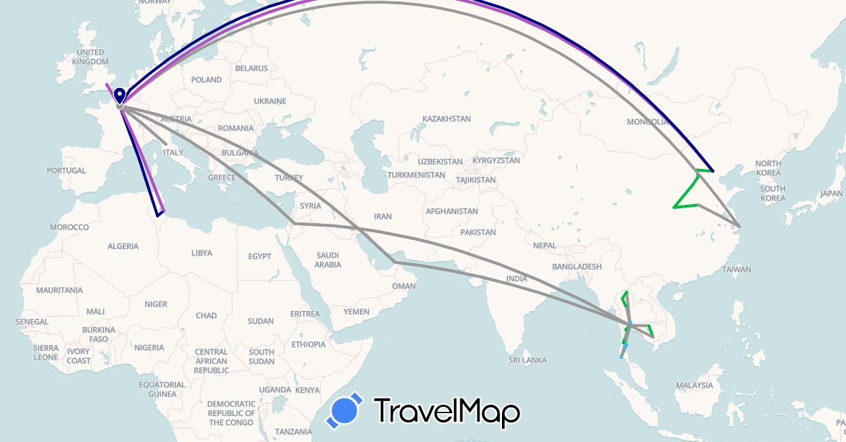TravelMap itinerary: driving, bus, plane, train, boat in United Arab Emirates, Belgium, China, France, United Kingdom, Italy, Jordan, Cambodia, Thailand, Tunisia (Africa, Asia, Europe)